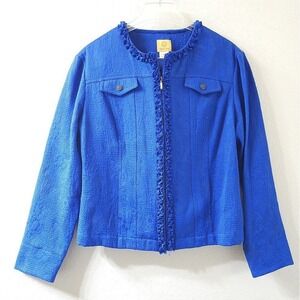 Ruby Rd Blue Textured‎ Ruffle Zip Front Jacket Women Size 16 Cotton Blend
